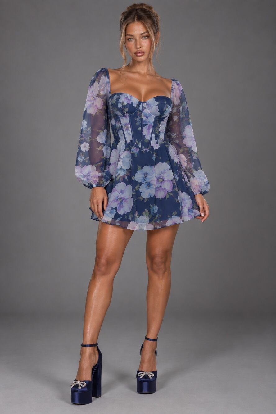 NWT Lulus Positively Enchanting Blue Floral Organza Bustier Mini Dress Sz M